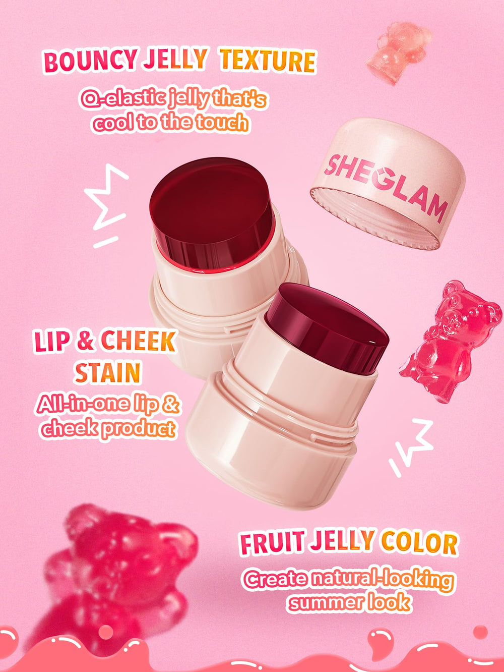SHEGLAM Jelly-Licious uso dual para labios y mejillas con un solo producto.