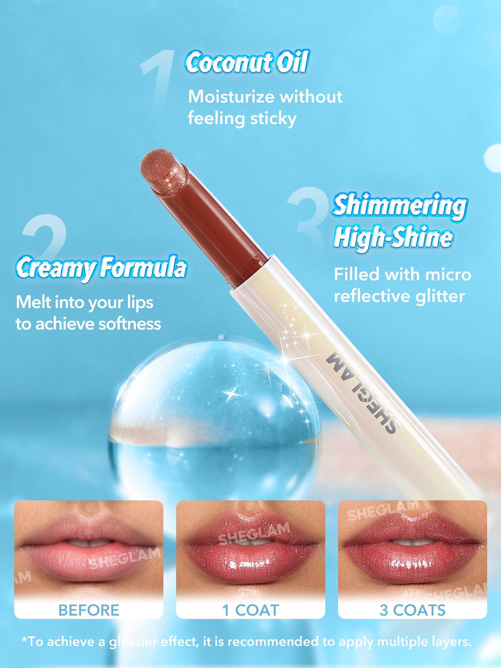 SHEGLAM labial sólido hidratante con brillo iridiscente para un acabado luminoso.