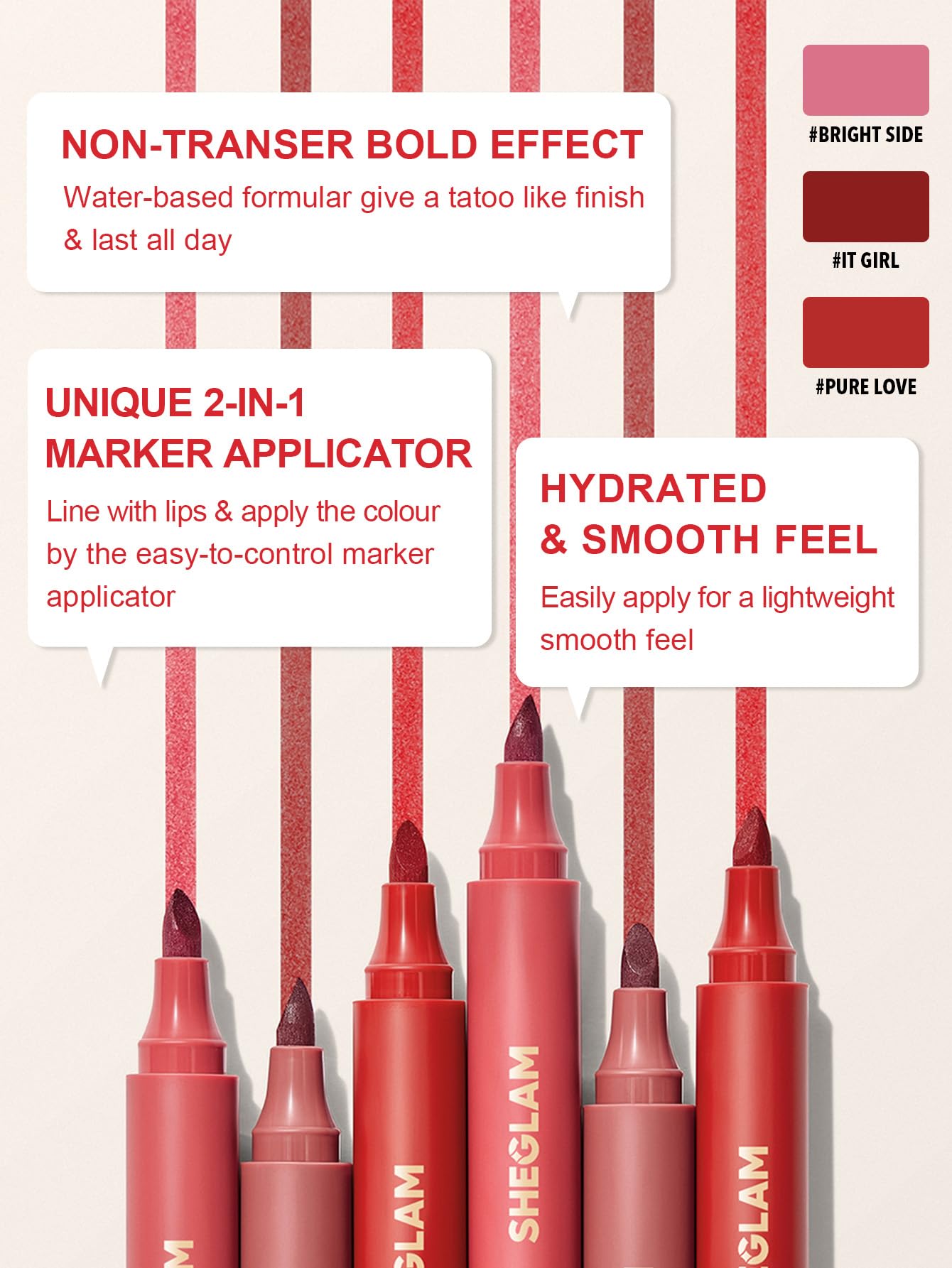 SHEGLAM labial-tinte-marcador-mate tono Brillo Radiante para looks versátiles.