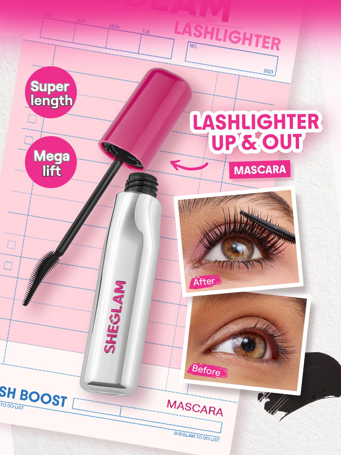 SHEGLAM Lashlighter: alargamiento y elevación sin grumos para un look abanico.