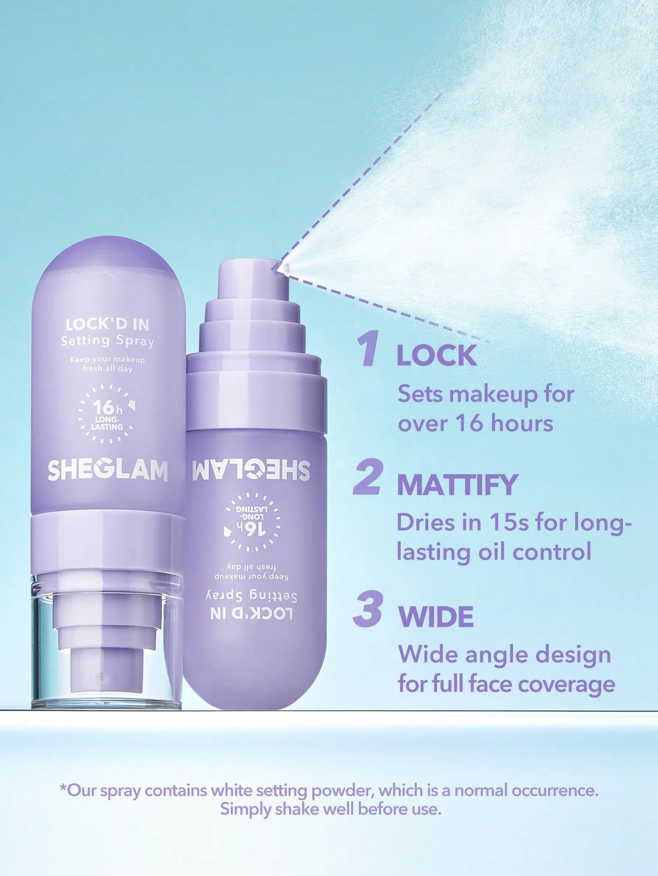 SHEGLAM Lock'd In Setting Spray, secado en 15 segundos para control de grasa.