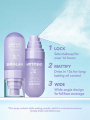 SHEGLAM Lock'd In Setting Spray, secado en 15 segundos para control de grasa.