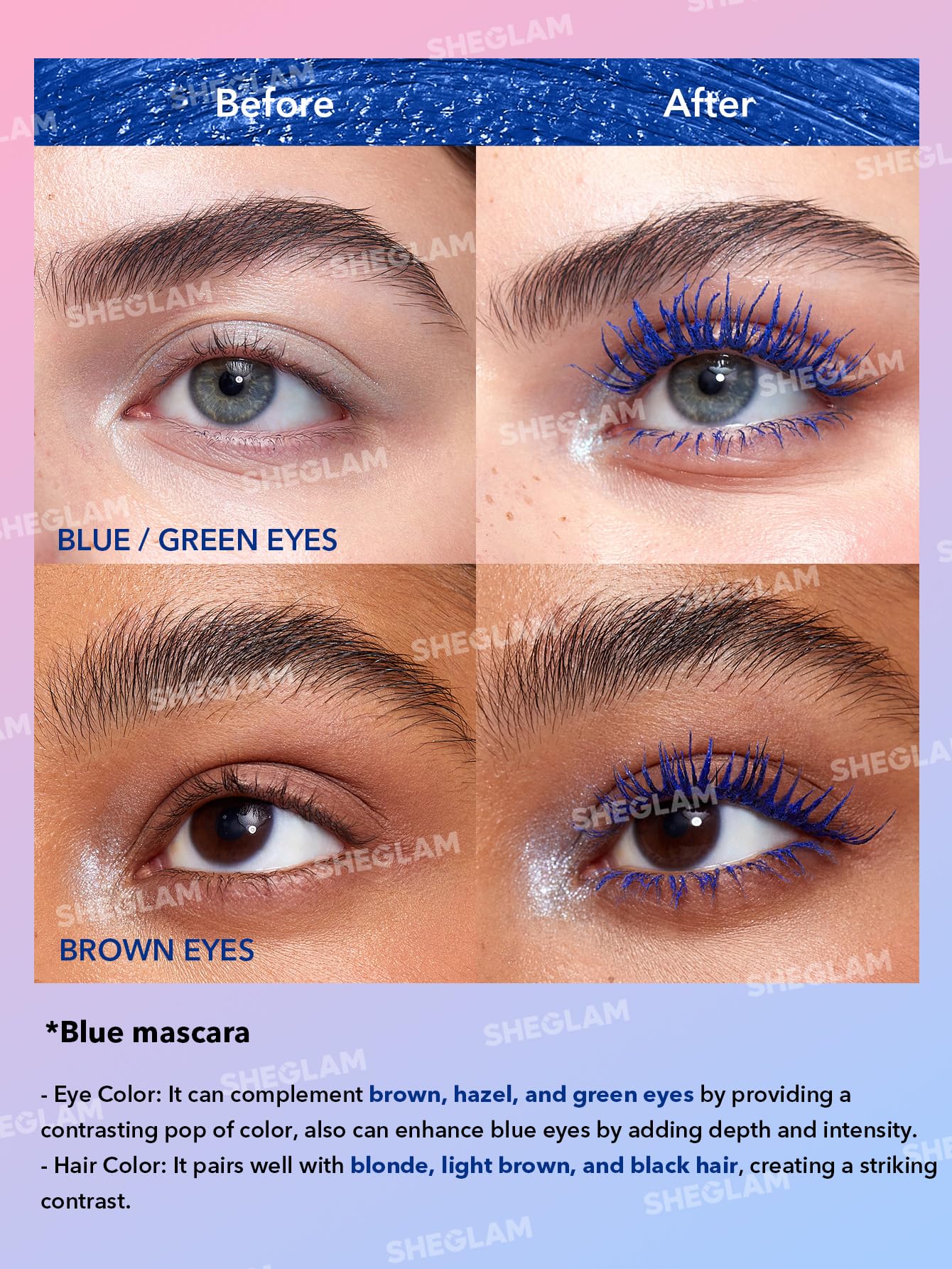 SHEGLAM Todo-en-Uno Mascara azul con aplicador curvo para rizar pestañas
