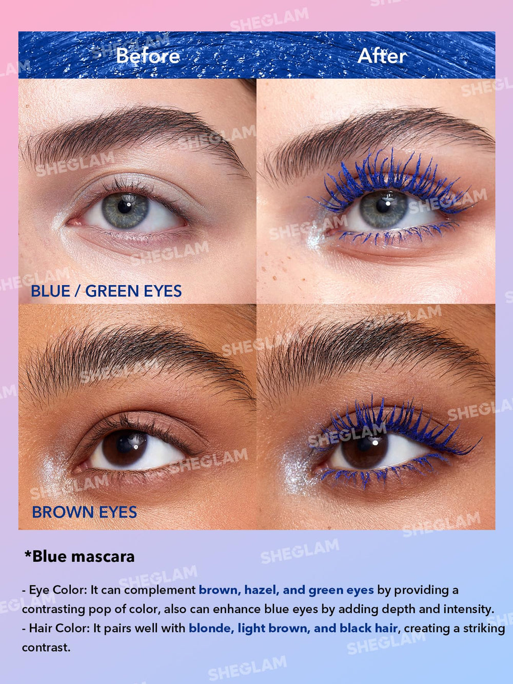 SHEGLAM Todo-en-Uno Mascara azul con aplicador curvo para rizar pestañas