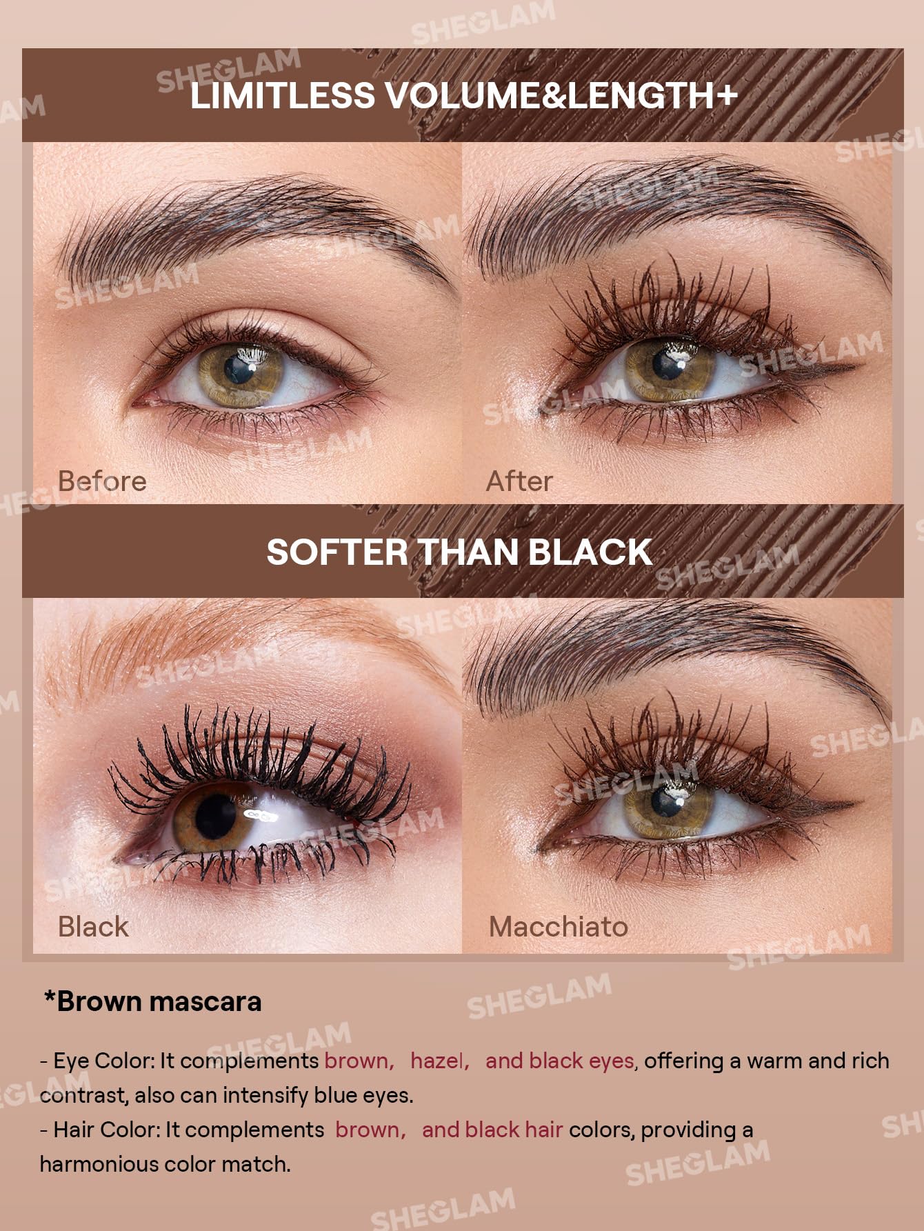 SHEGLAM Mascara Macchiato muestra aplicación precisa para definición de pestañas