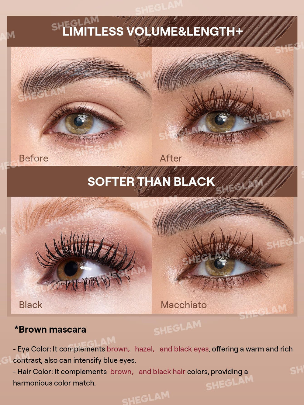 SHEGLAM Mascara Macchiato muestra aplicación precisa para definición de pestañas