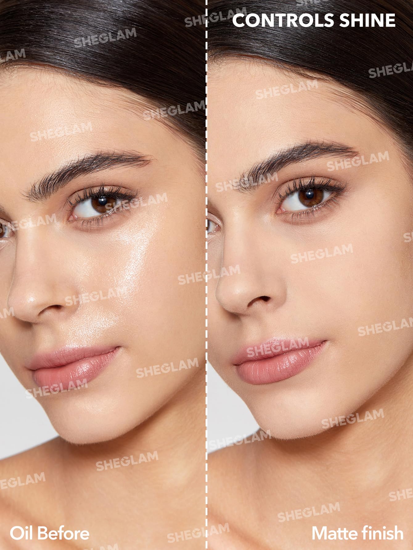 SHEGLAM modelo usando spray fijador mate para un look duradero