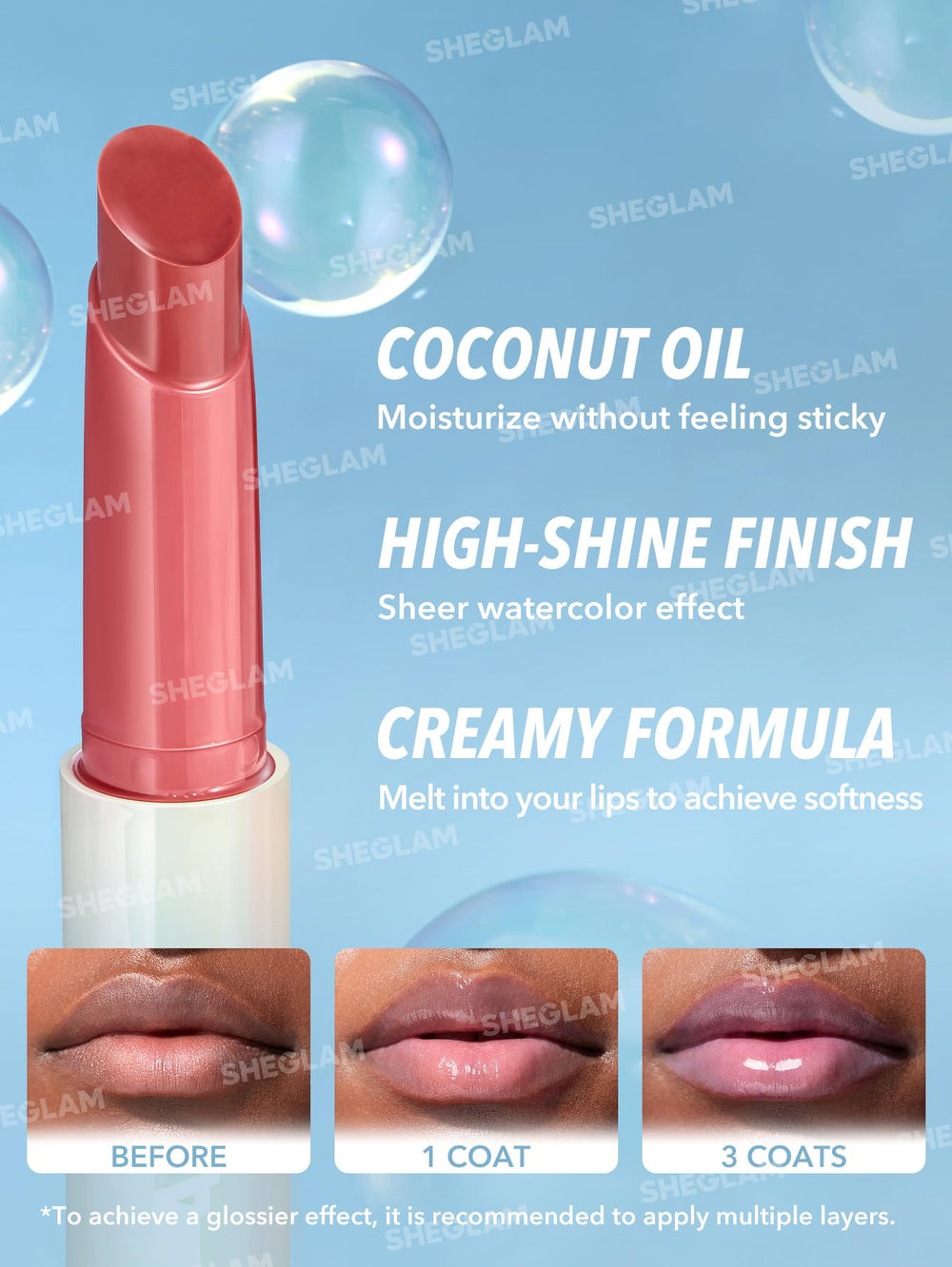 SHEGLAM PoutPerfect: hidratación con aceite de coco y sensación ligera.
