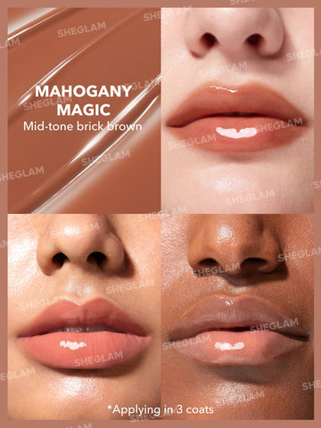 Brillo alto y color saturado con SHEGLAM PoutPerfect Gloss sólido Mahogany Magic.