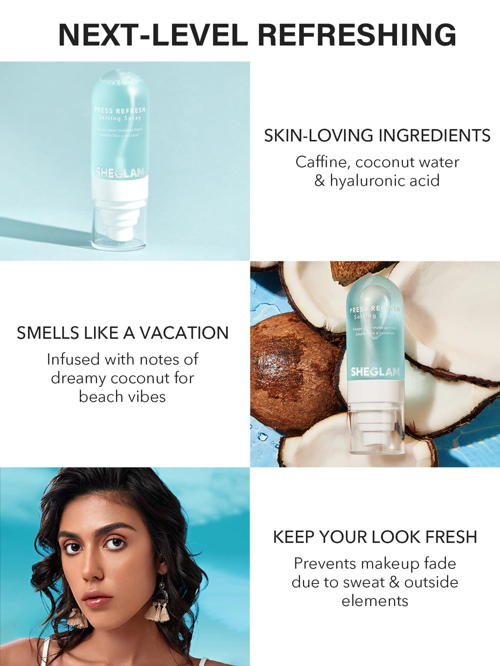 SHEGLAM Press Refresh botella frontal con diseño limpio para uso diario
