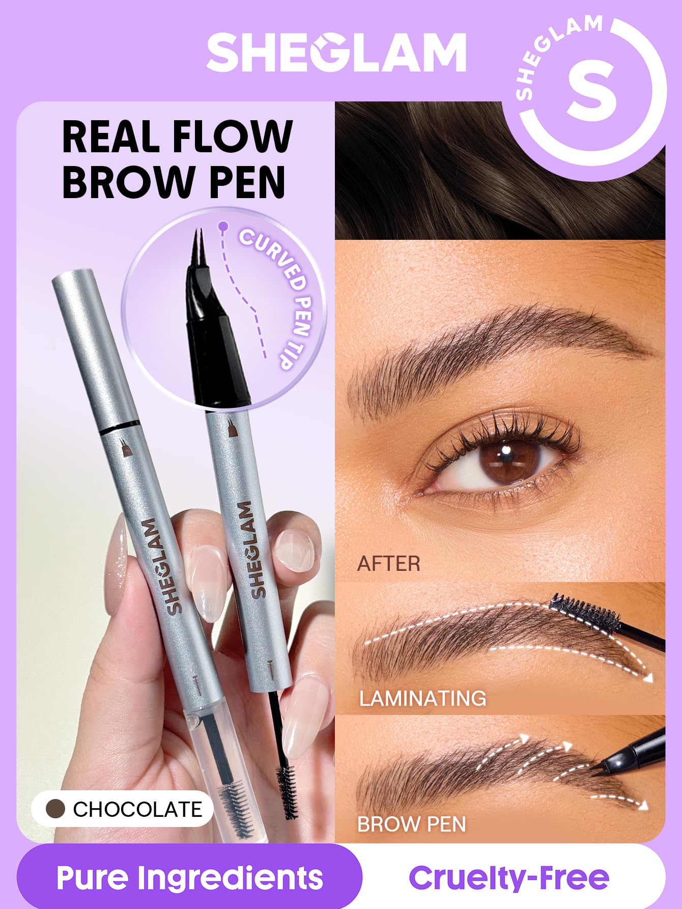 SHEGLAM Real Flow Lapiz Cejas Laminado Chocolate con doble punta para precisión.