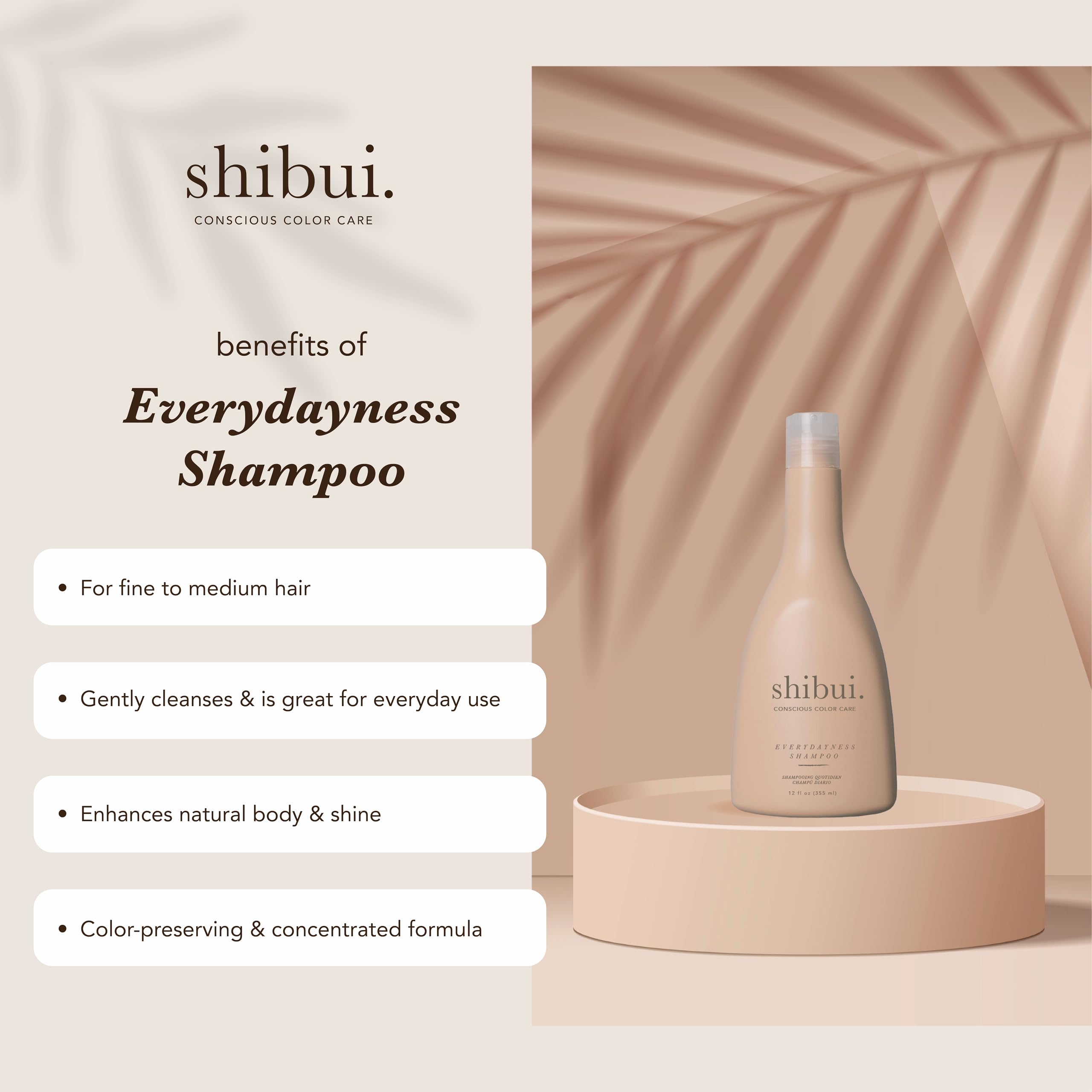 SHIBUI Everydayness Shampoo con sake aporta brillo suave para cabello fino.