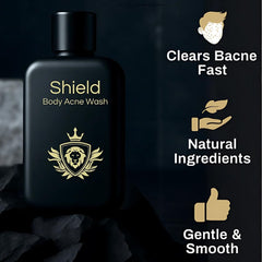 Shield Body Acne Wash etiqueta clara, fórmula sin fragancias para piel sensible