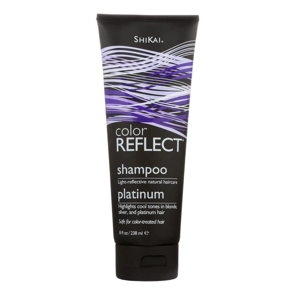 ShiKai Color Reflect Platinum Shampoo, botella azul, realza tonos fríos y deja el cabello suave y manejable.