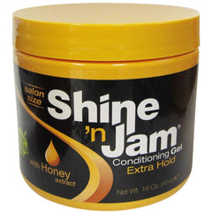 Shine N Jam gel fijador con miel, botella, proporciona fijación duradera y acondicionamiento.