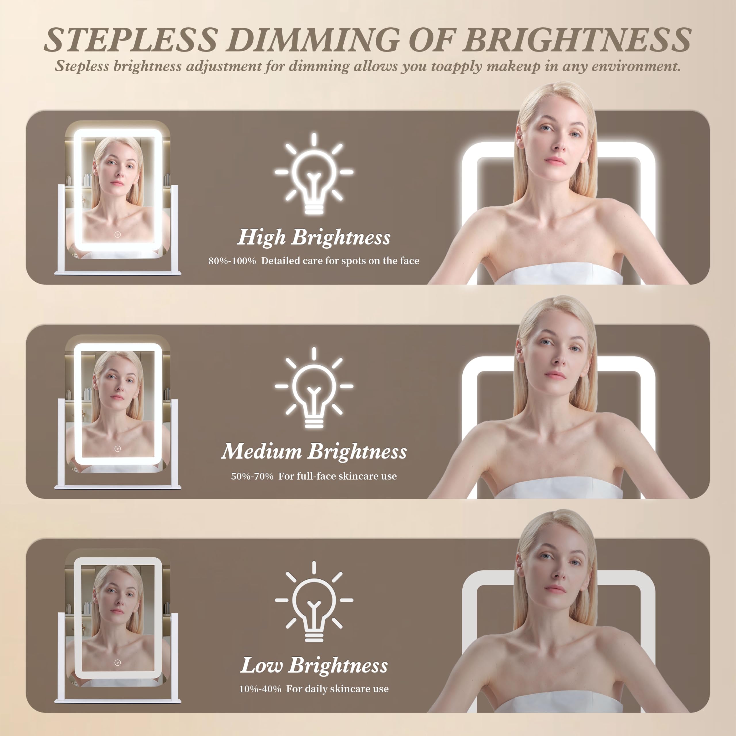 Shinerva iluminación LED 3 colores, brillo ajustable para maquillaje preciso