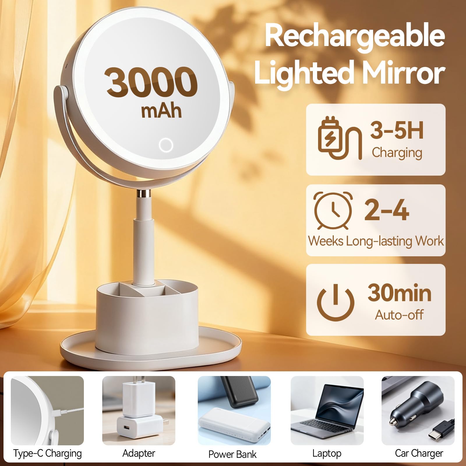 Shinowa Miroir Maquillage rangement-base: espace intégré pour outils et smartphone.