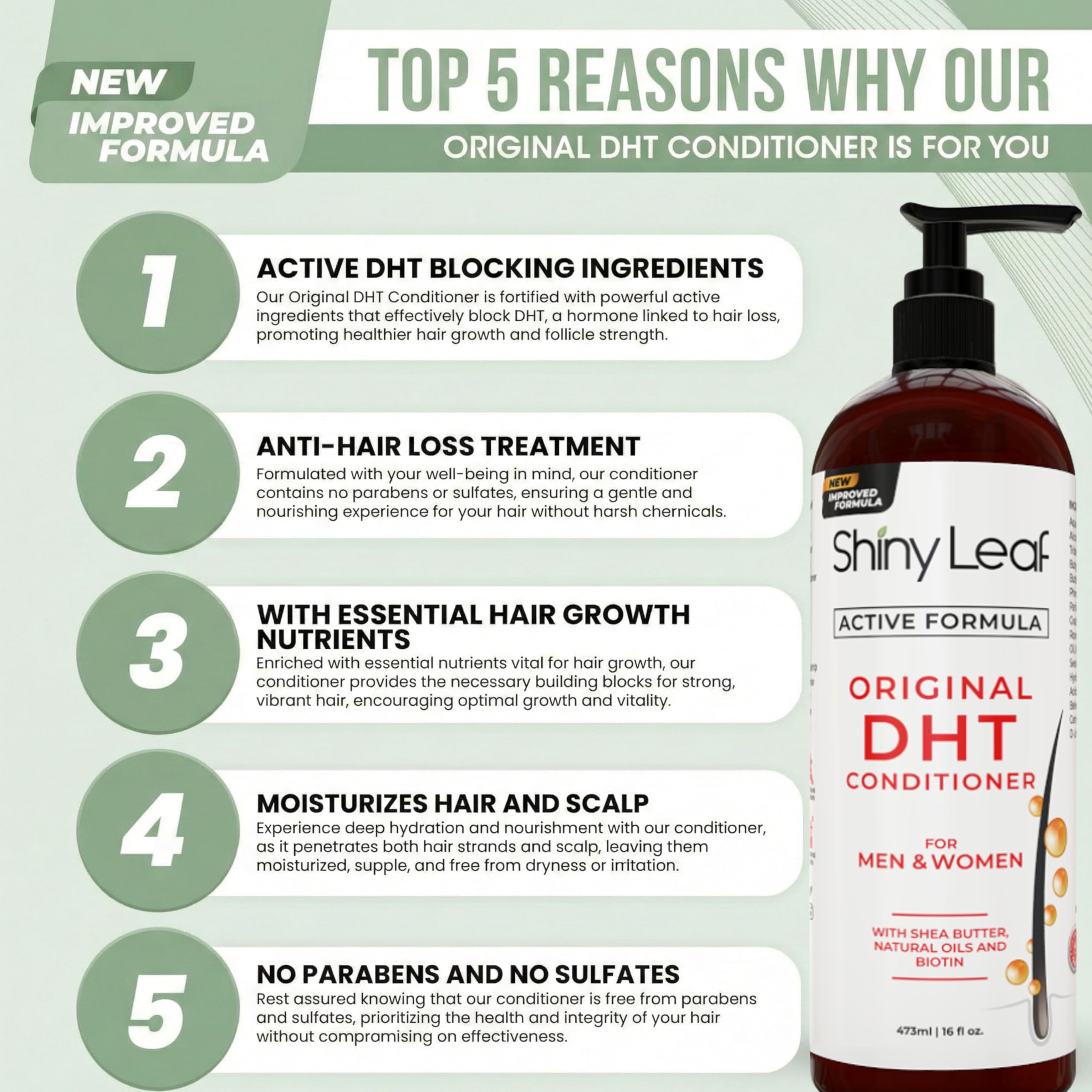 Shiny Leaf DHT Blocker Condicionador, ingredientes visibles, con aceite de romero para fortalecimiento.