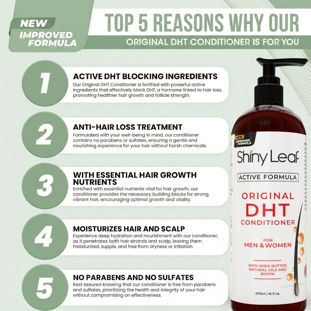 Shiny Leaf DHT Blocker Condicionador, ingredientes visibles, con aceite de romero para fortalecimiento.