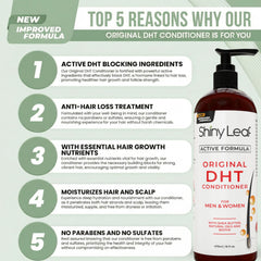 Shiny Leaf DHT Blocker Condicionador, ingredientes visibles, con aceite de romero para fortalecimiento.
