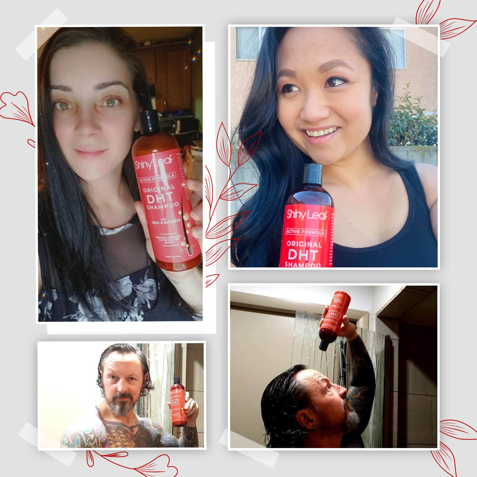 Utilisation dans la douche avec le shampooing Shiny Leaf sur les cheveux mouillés