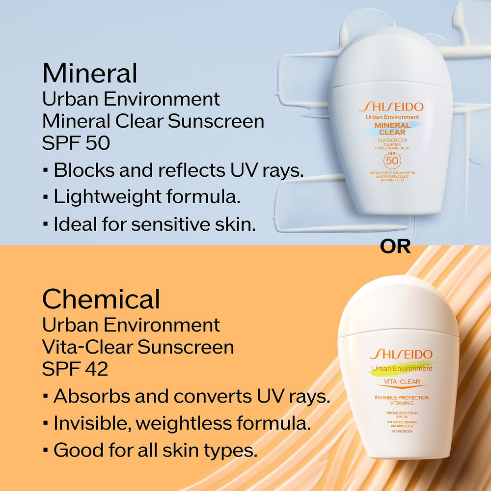 Shiseido Urban Environment Mineral Clear SPF 50 radiancia: tono más uniforme y luminosidad.