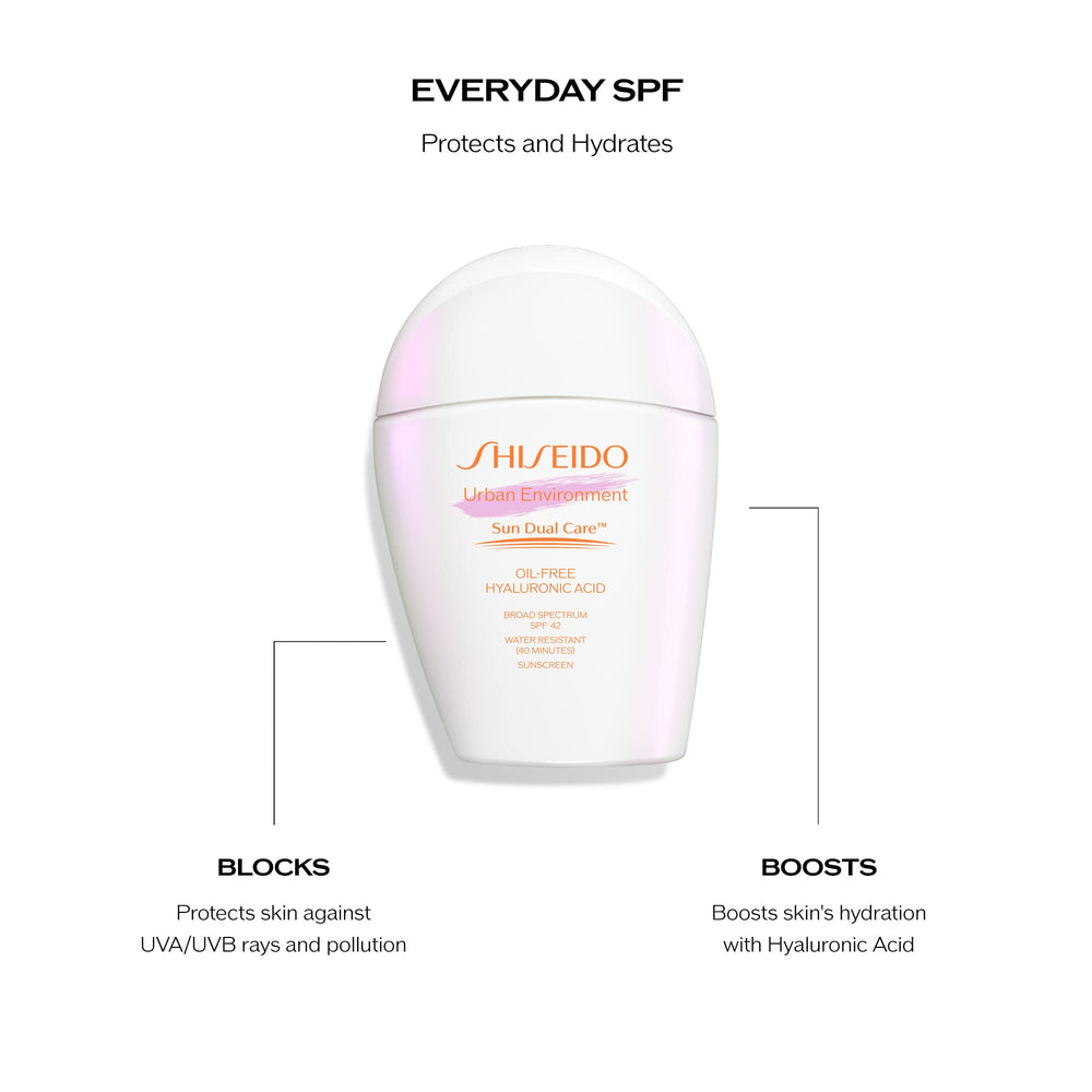 Shiseido Urban Environment, ingredientes clave hialuronico y spirulina para cuidado diario.