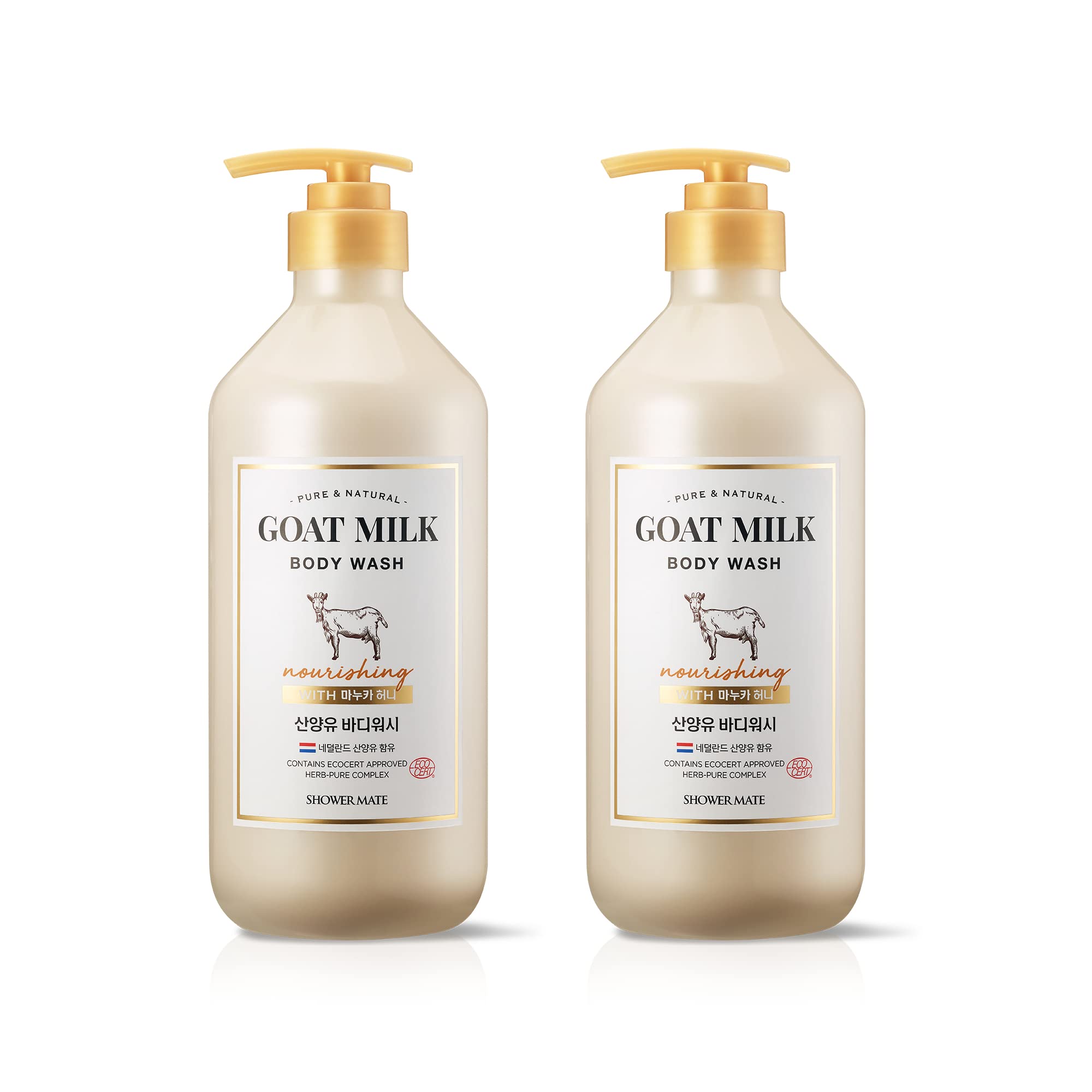 SHOWERMATE botella frontal con leche de cabra y Manuka: hidratación suave diaria.