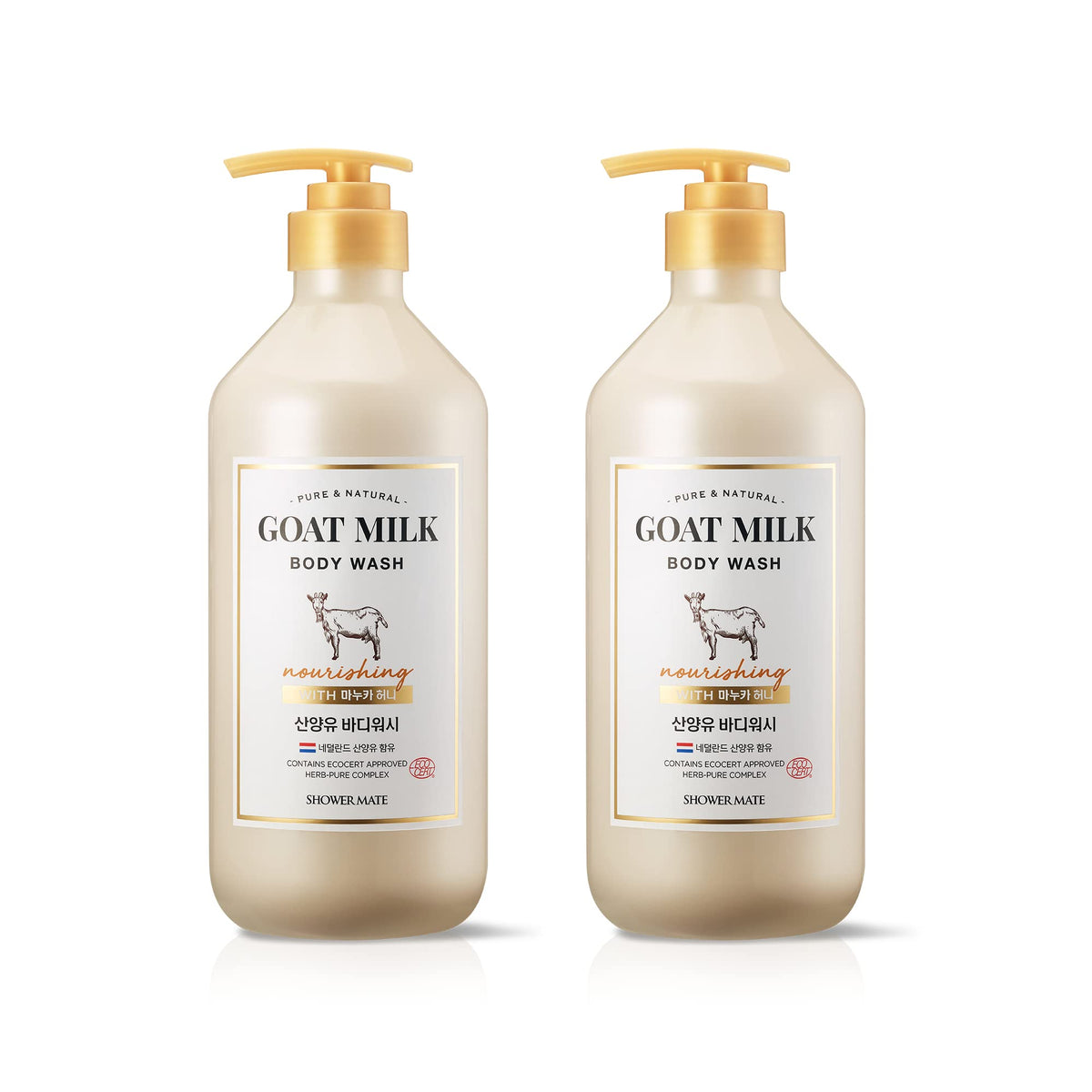 SHOWERMATE botella frontal con leche de cabra y Manuka: hidratación suave diaria.