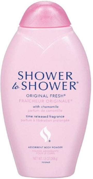 Shower To Shower polvo absorbente Original Fresco con manzanilla, botella visible para uso diario.