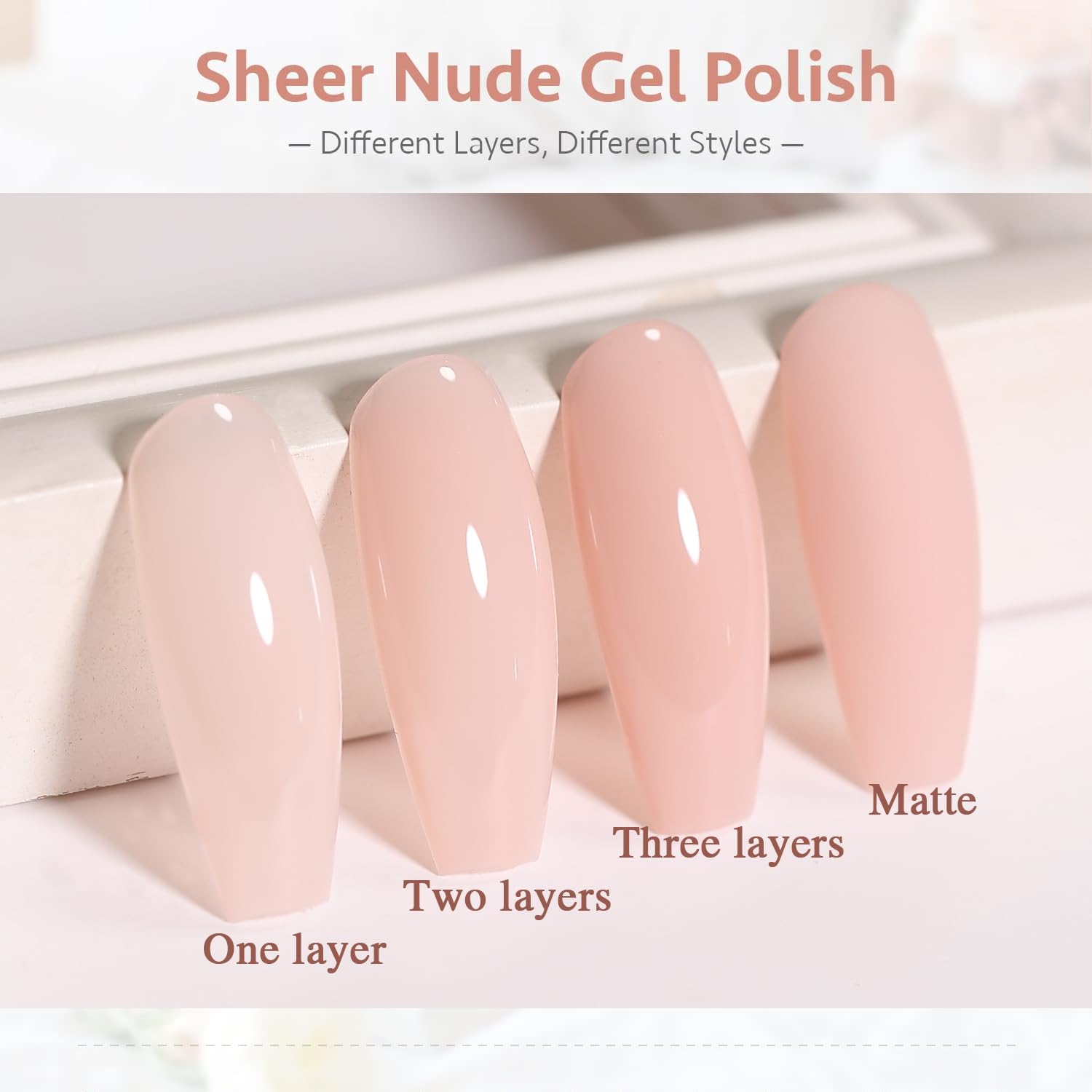 SHOYUM esmalte gel nude pink con pincel para aplicar capas finas.
