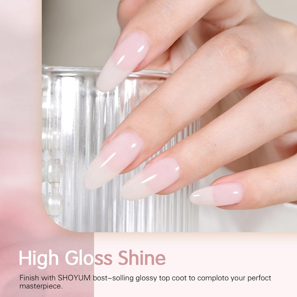 Nude pink translucent SHOYUM gel polish bottle with subtle glow.