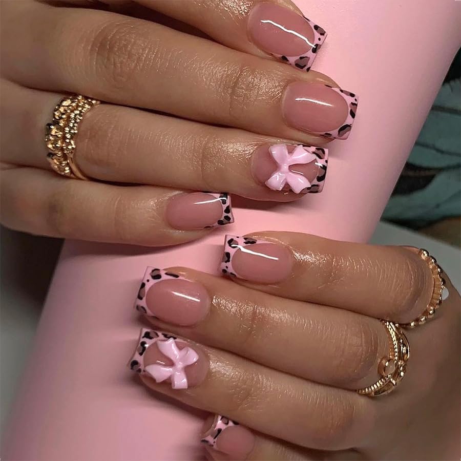 SHUXILIN Uñas leopardo Frances con lazo rosa, ideal para look elegante.
