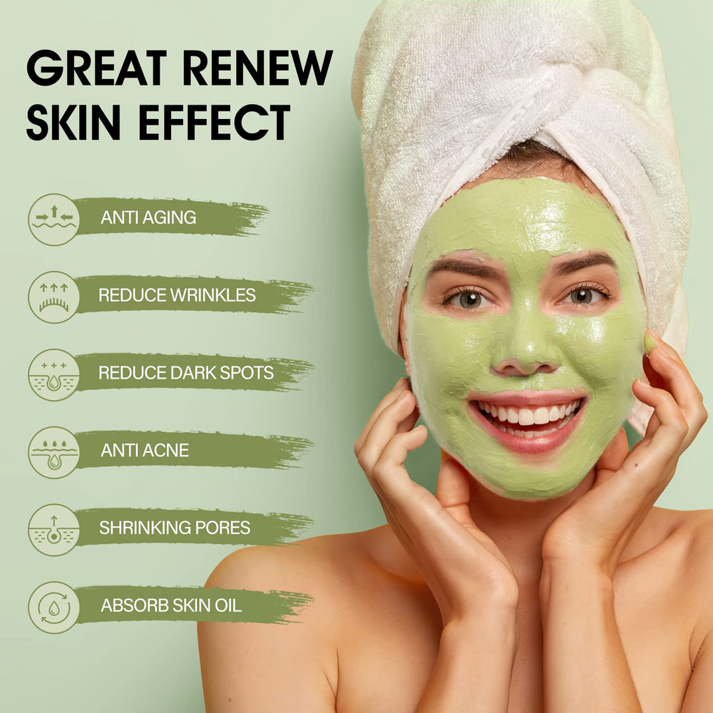 SHVYOG Green Tea Face Mask ingredients closeup featuring aloe and volcanic mud.