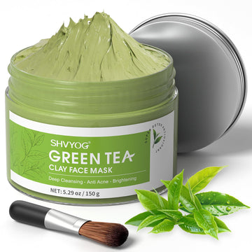 SHVYOG Green Tea Face Mask jar applied for deep cleansing and revitalized skin.