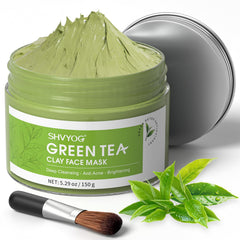 SHVYOG Green Tea Face Mask jar applied for deep cleansing and revitalized skin.