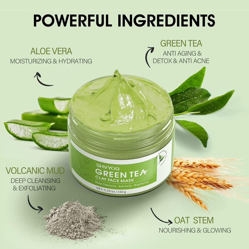 SHVYOG mask texture closeup highlights clay detox and smoothing effects.
