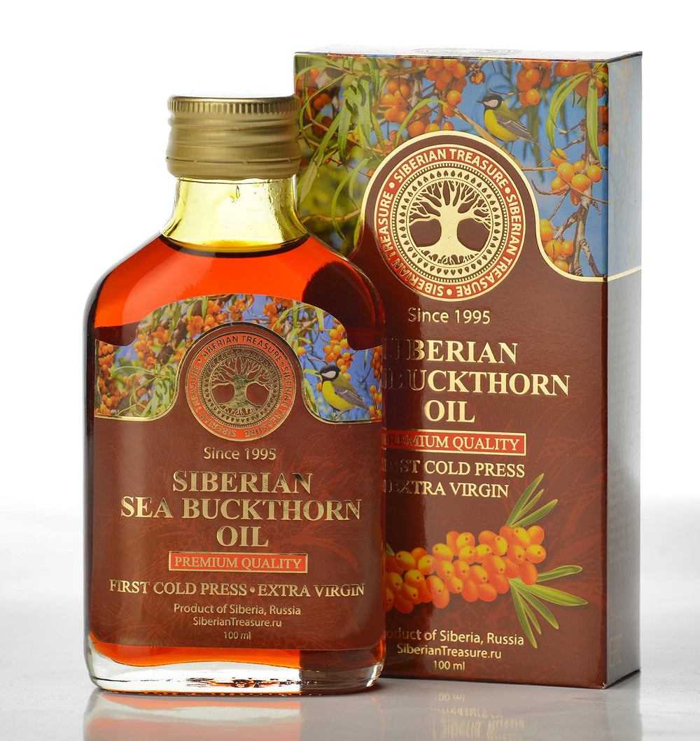 Siberian Treasure Aceite espino amarillo en botella ámbar, conserva la pureza.