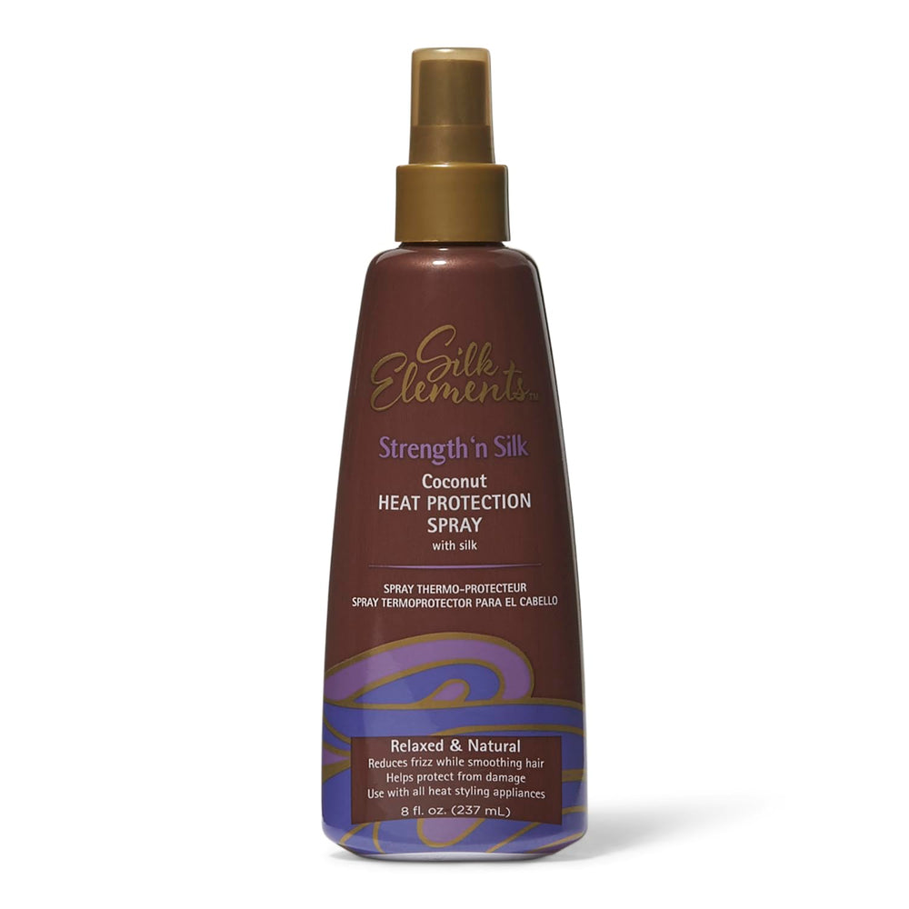 Silk Elements Coconut Heat Protection Spray, botella, protege el cabello con textura ligera y aroma a coco.