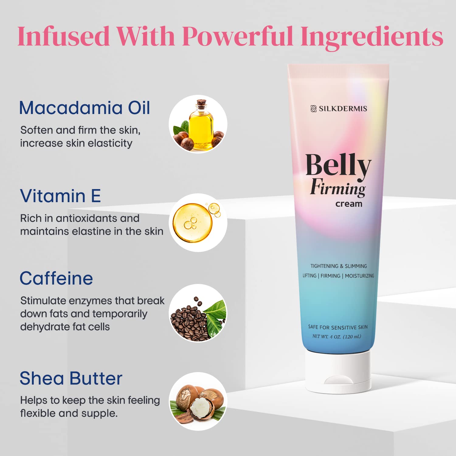 SILKDERMIS B Flat Belly Firming Cream aplicada en muslos para tersura e hidratación.