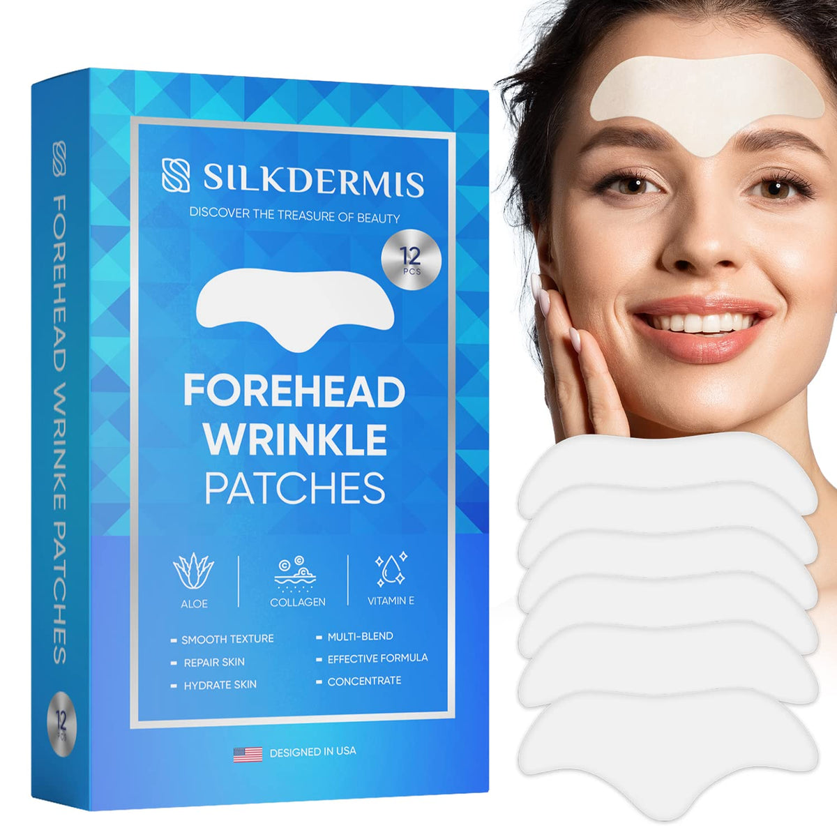 Parche frontal Silkdermis con aloe y colágeno, hidratación suave para la piel.