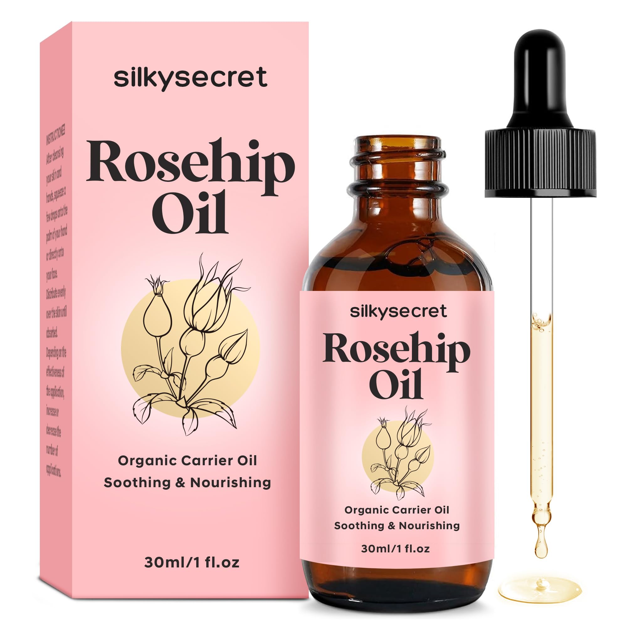 SilkySecret aceites Rosa Mosqueta – botella para hidratación facial ligera