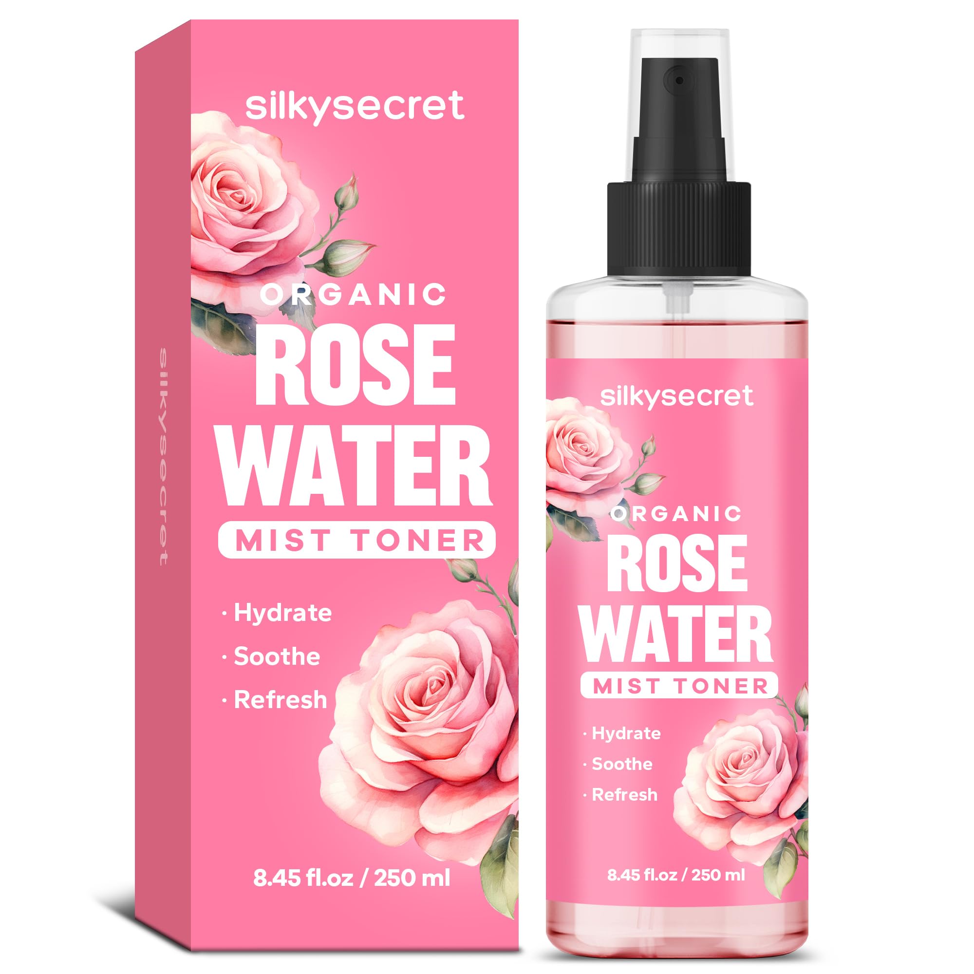 SilkySecret agua de rosas en botella para uso diario y piel suave