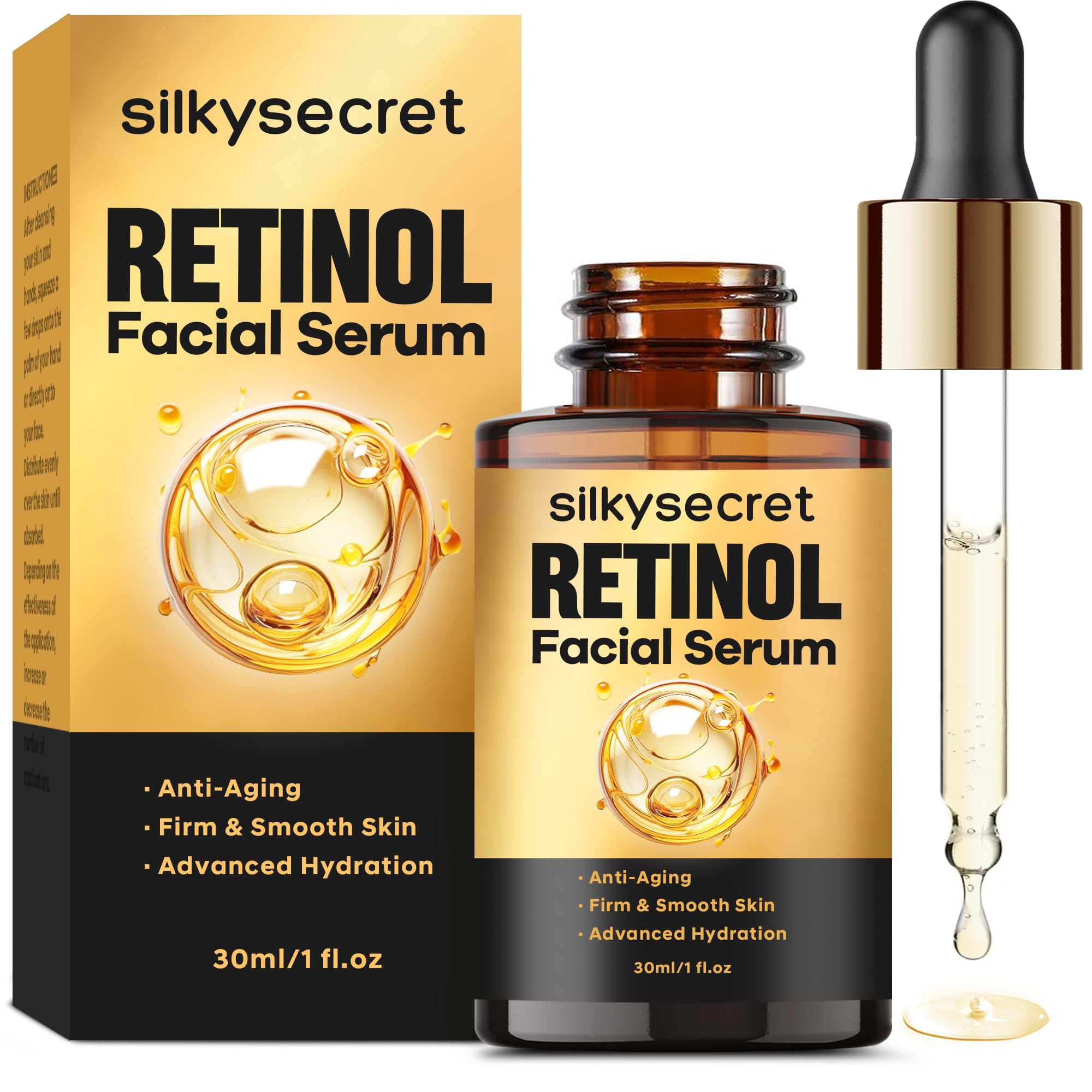 SilkySecret Retinol Serum para rostro, frasco 1oz, piel más suave.