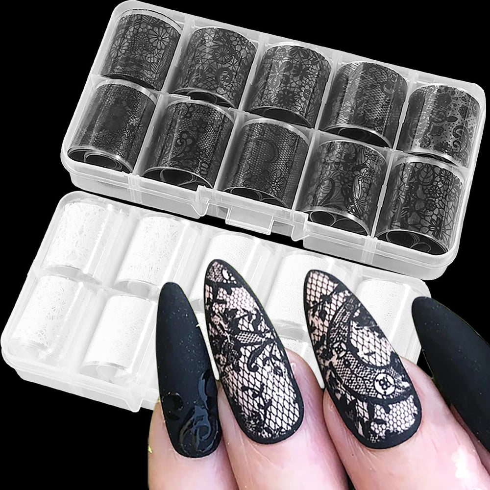 SILPECWEE rollos de lámina con encaje para uñas en blanco y negro, decoración elegante y rápida.