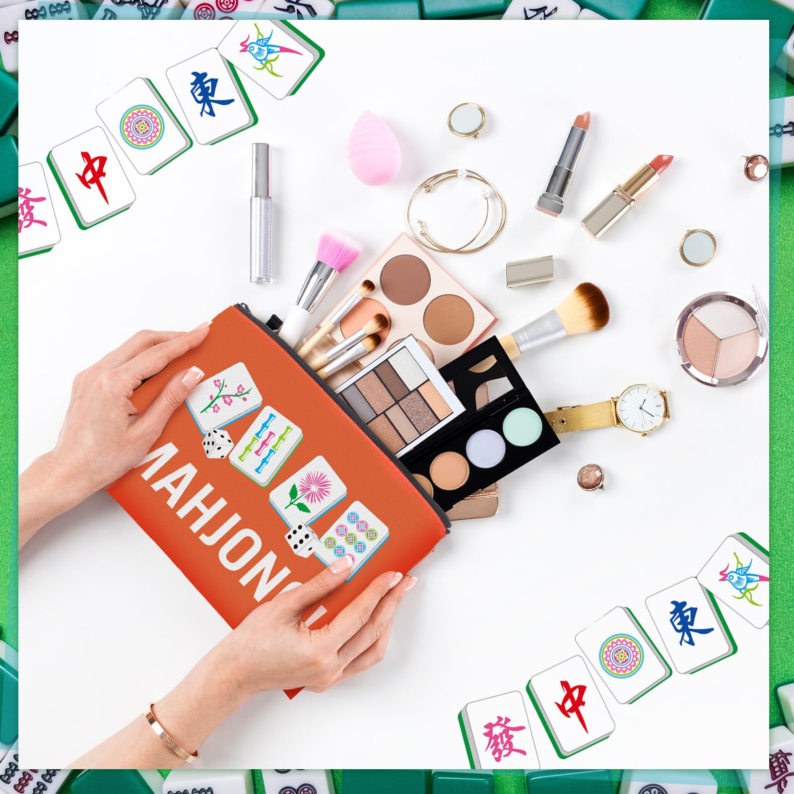 SilTriangle bolsa de maquillaje Mahjong estilo 3, práctica para bolso y viajes.