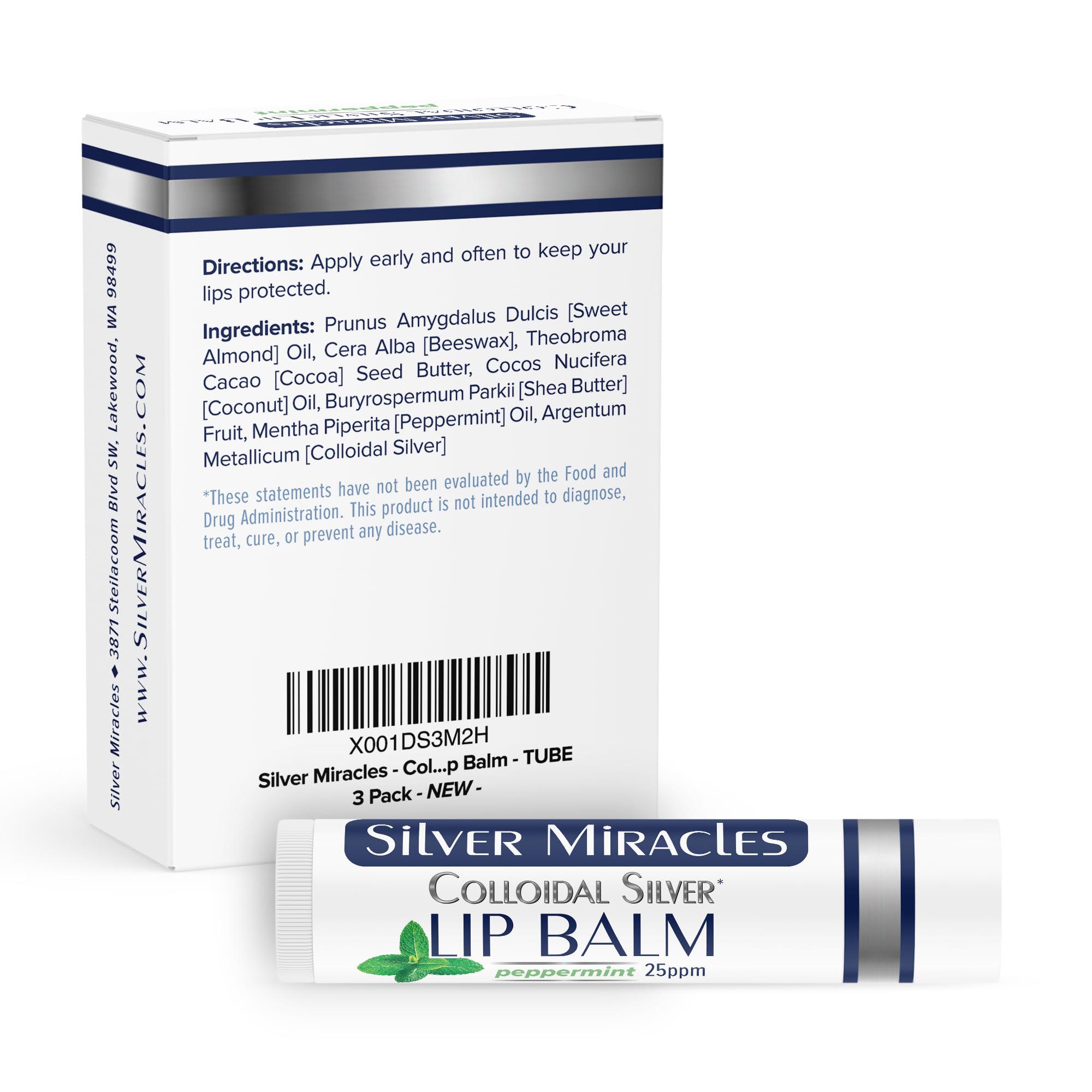 Silver Miracles lip balm 3-pack for home, purse, and office provides convenient moisture.