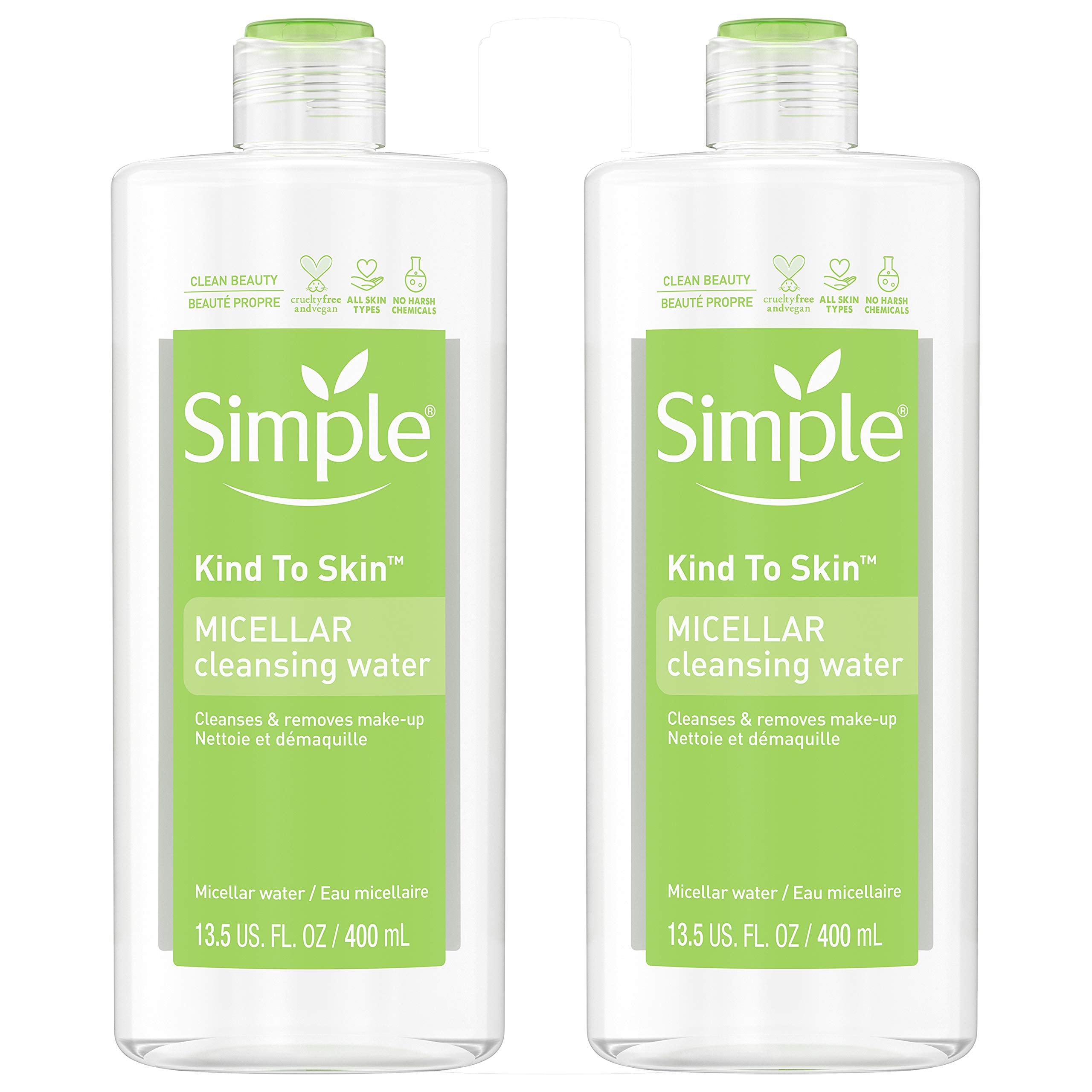 Simple agua micelar desmaquillante, botella, limpia la piel con suavidad