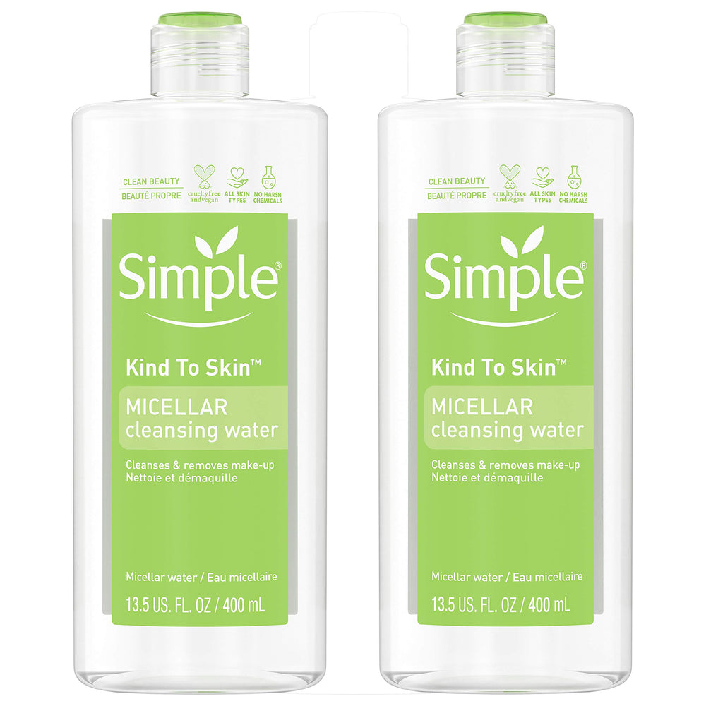 Simple agua micelar desmaquillante, botella, limpia la piel con suavidad