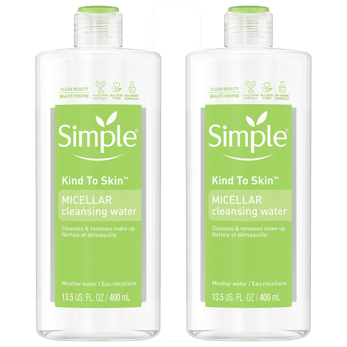 Simple agua micelar desmaquillante, botella, limpia la piel con suavidad
